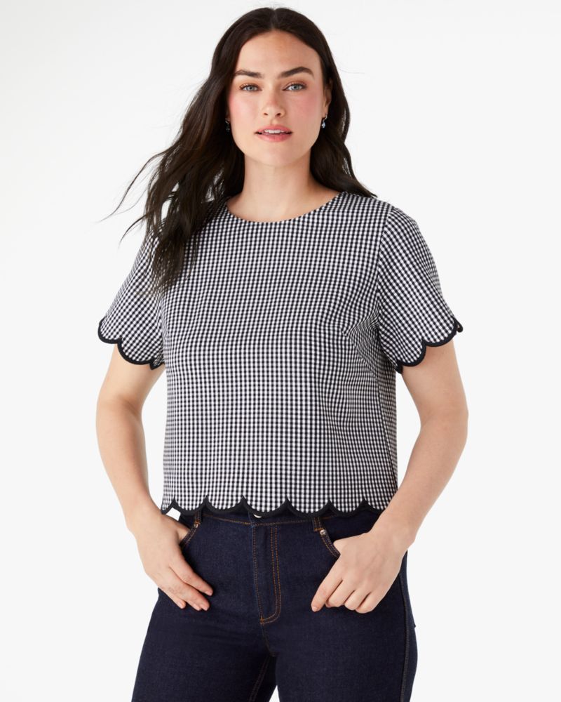 Kate Spade,Jazzy Gingham Scalloped Ponte Top,Black/Cream