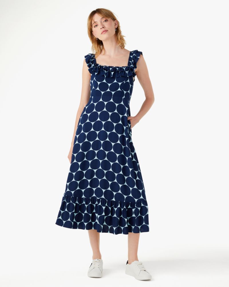 Kate Spade,joy dot ruffle midi dress,Rayon,Parisian Navy image number 0