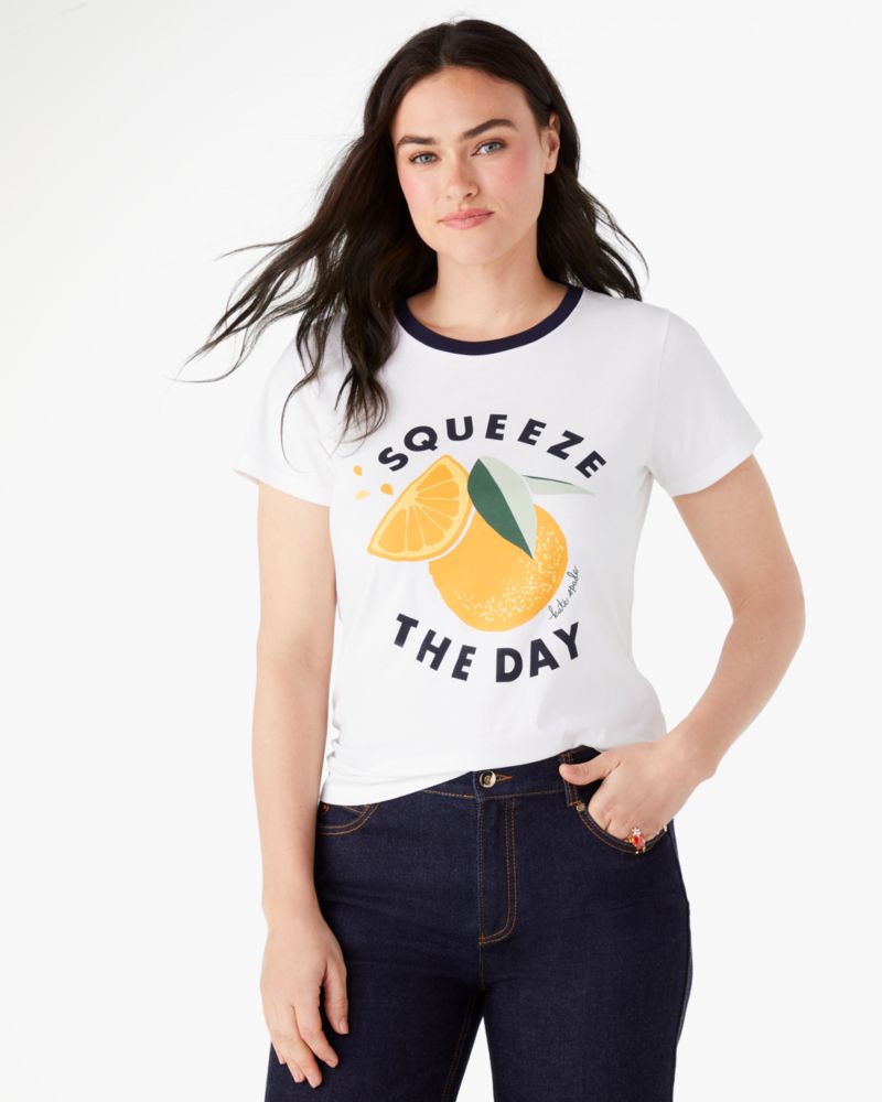 Kate Spade,Squeeze The Day Citrus Tee,Cotton,T Shirt,Piping,Casual,White