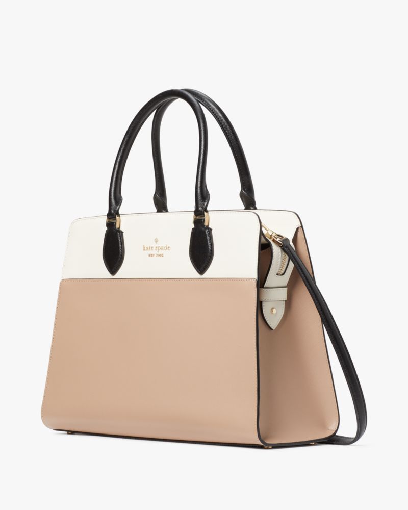 Kate Spade,Madison Large Satchel,Leather,Satchel,Logo,Metal,Color Block,Lined,Work,Beige