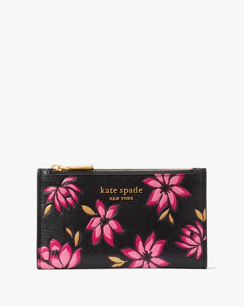 NWT Kate Spade Morgan Flower Bed Embossed Small Slim Bifold Leather Wallet  Blue