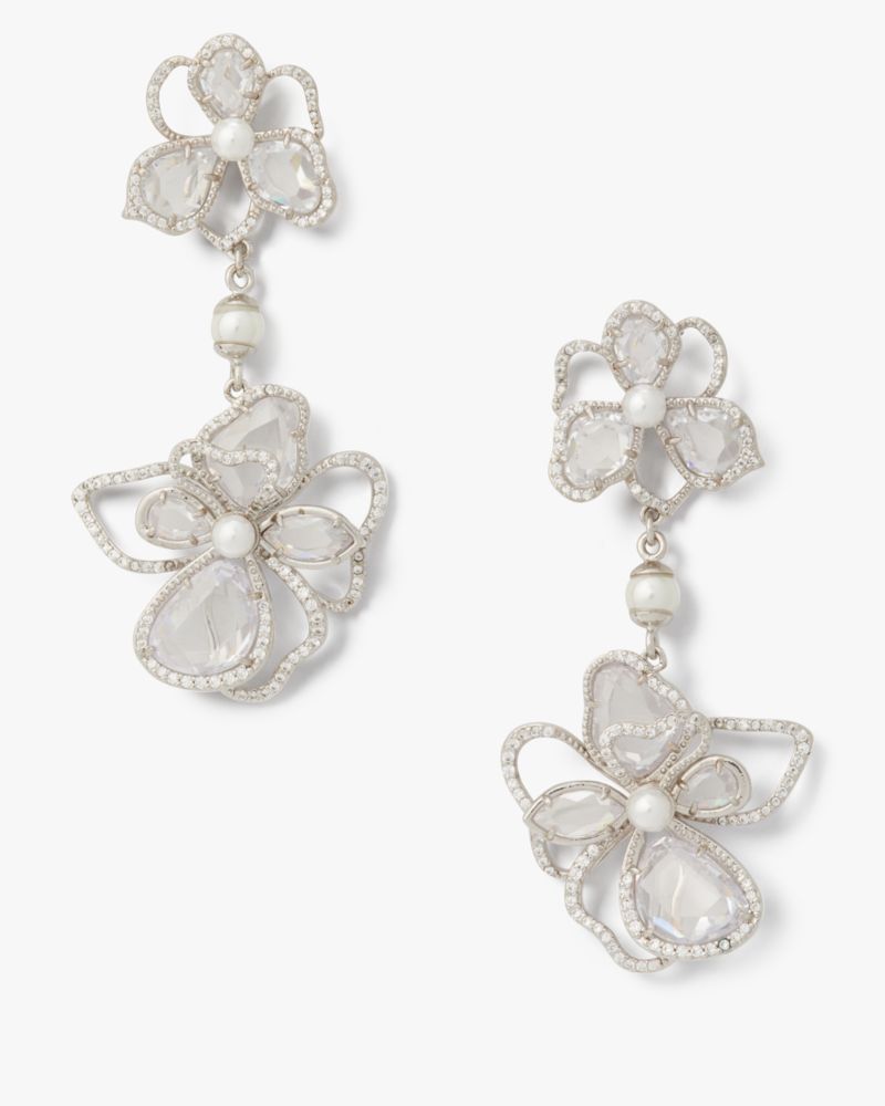 Kate Spade,Precious Bloom Double Drop Earrings,Clear/Silver