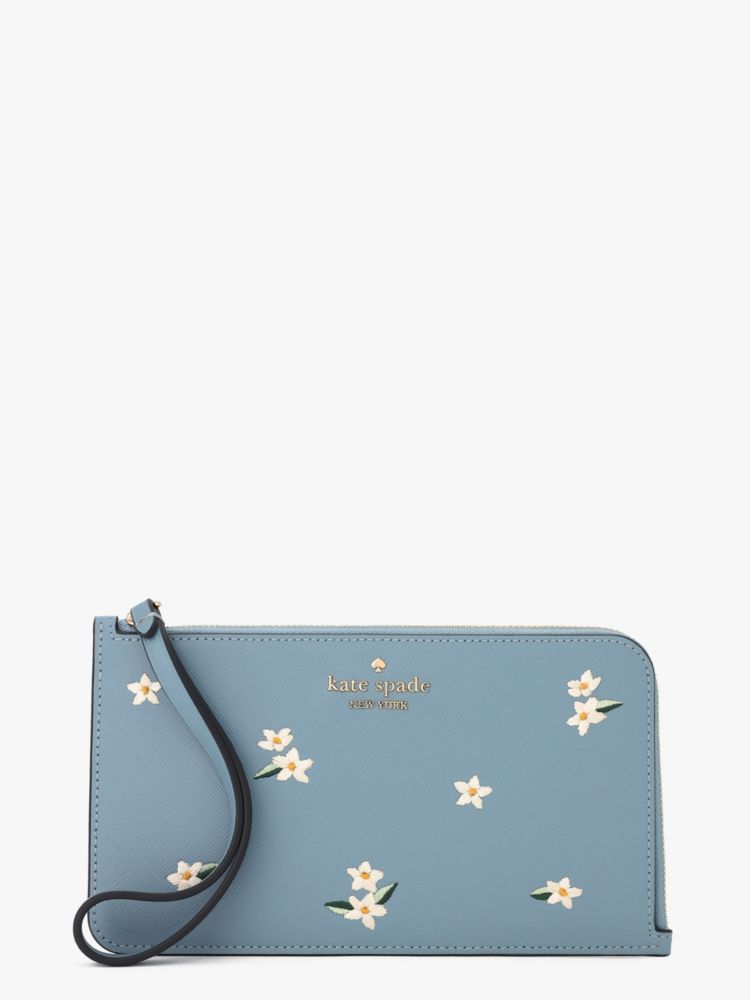 Kate Spade,ルーシー フローラル エンブロイダード ミディアム L-ジップ リスレット,財布小物,ポリッシュドブルー