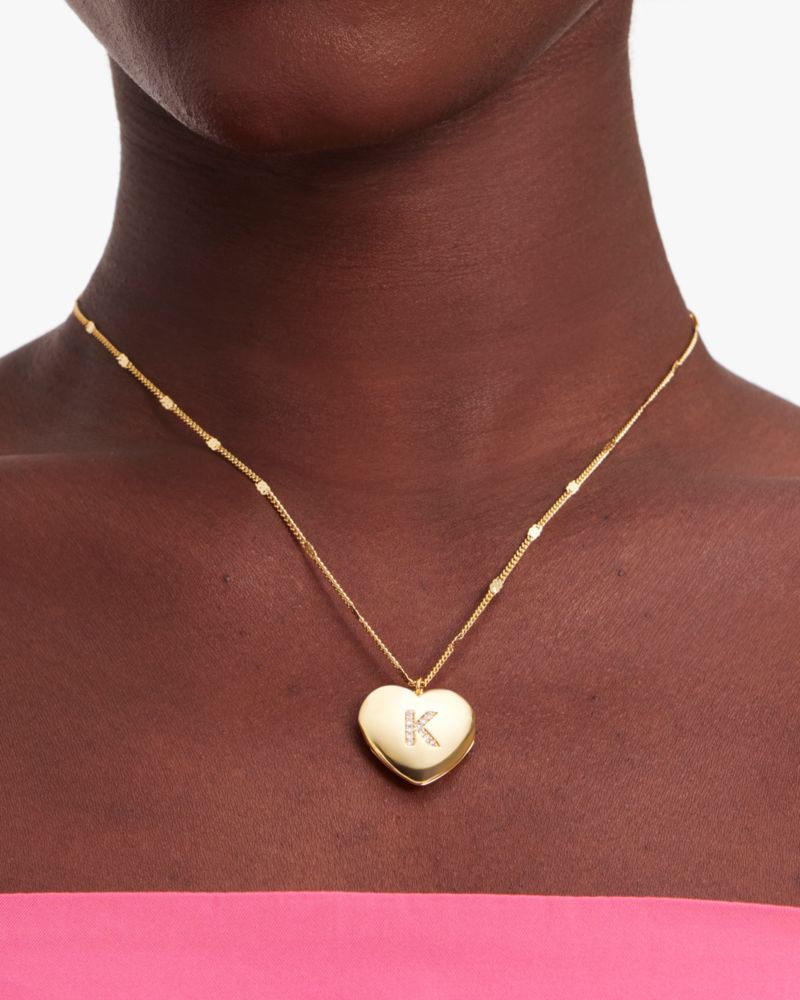 Kate Spade,A Heart Letter Locket Necklace,Clear/Gold