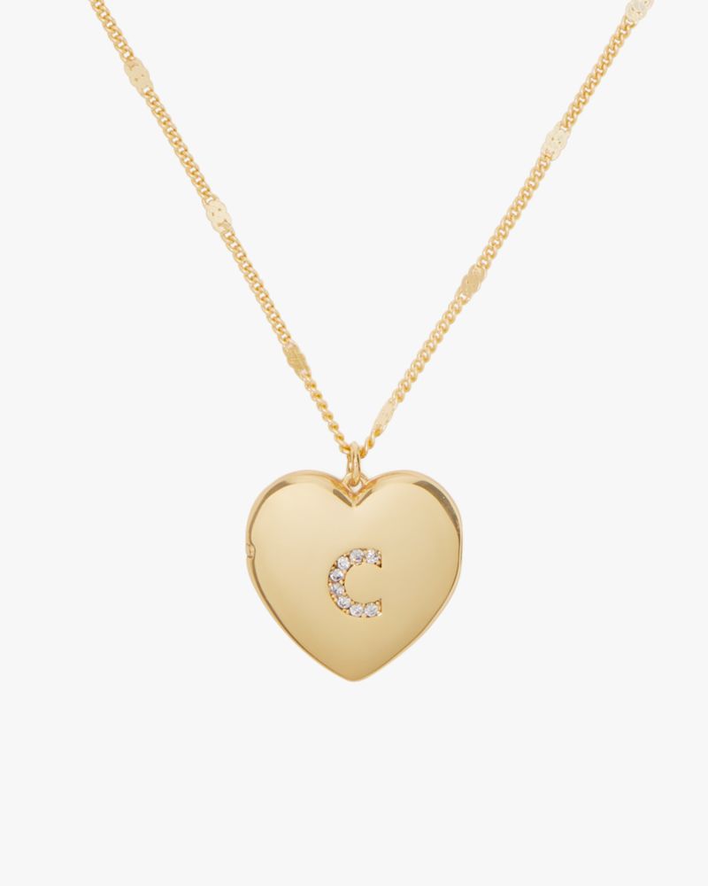 Kate Spade,C Heart Letter Locket Necklace,Clear/Gold