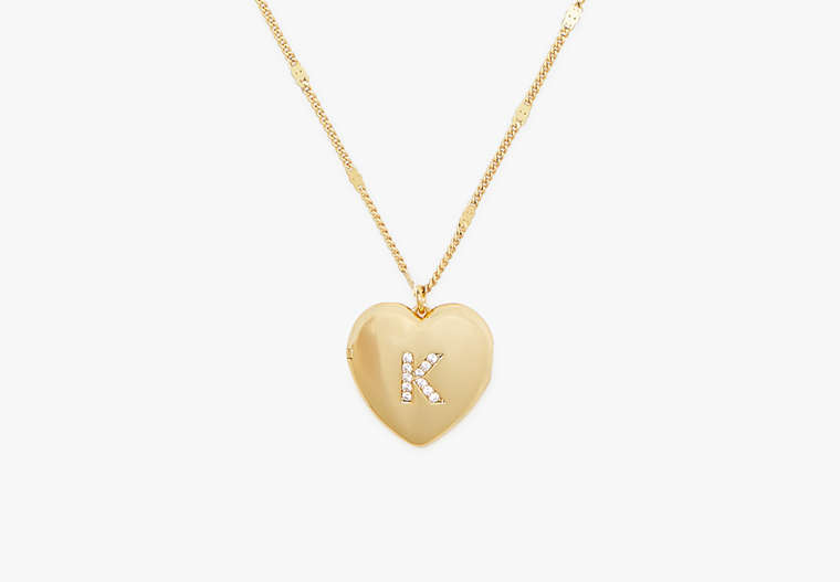 Kate Spade,K Heart Letter Locket Necklace,Clear/Gold