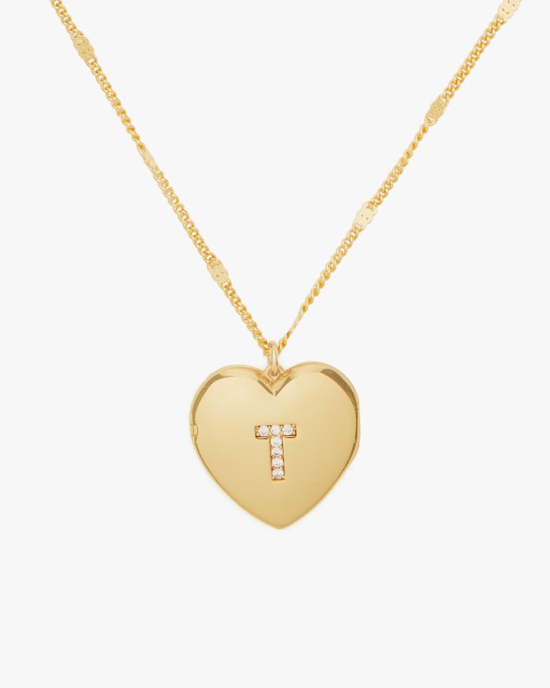 Kate Spade,T Heart Letter Locket Necklace,Clear/Gold