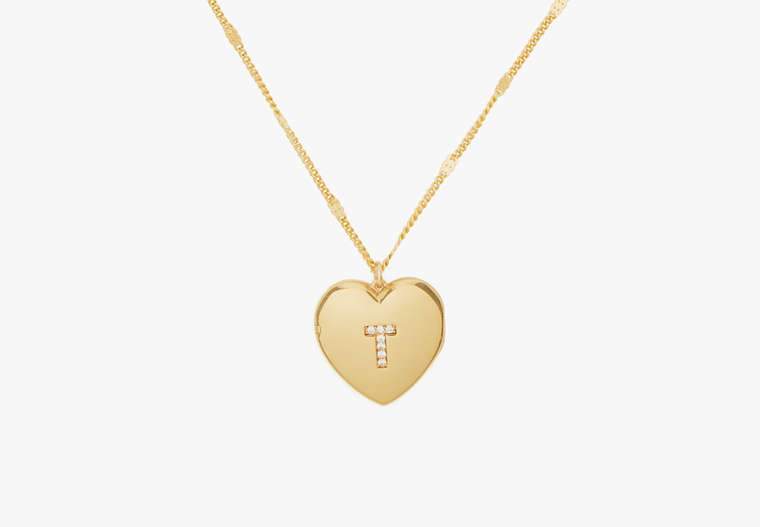 Kate Spade,T Heart Letter Locket Necklace,Clear/Gold