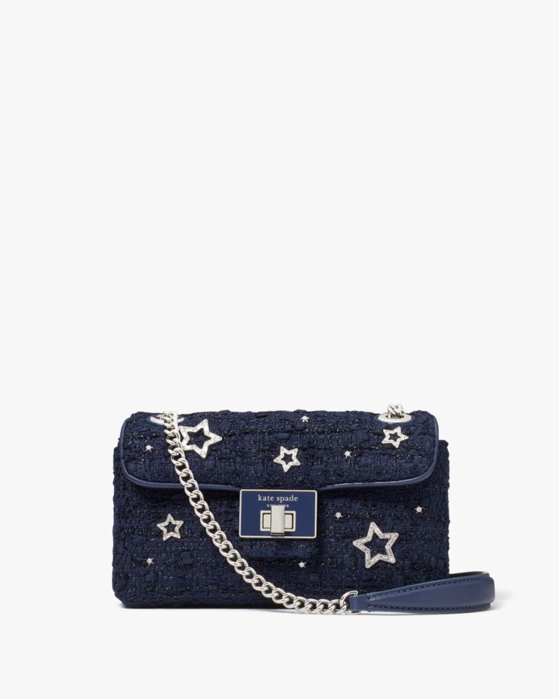 Kate Spade,Evelyn Embellished Tweed Small Shoulder Crossbody,Navy Multi