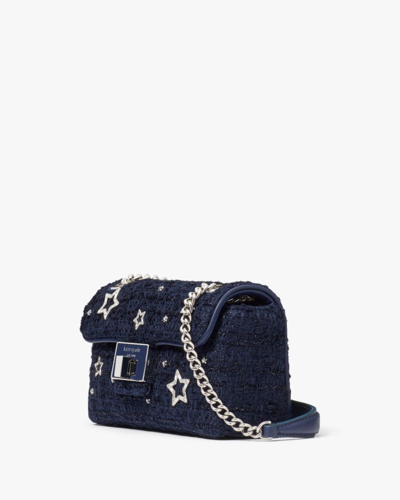 Kate Spade,Evelyn Embellished Tweed Small Shoulder Crossbody,Tweed,Leather,Crossbody,Metal,Rhinestones,Logo,Glitter,Embell...,Navy