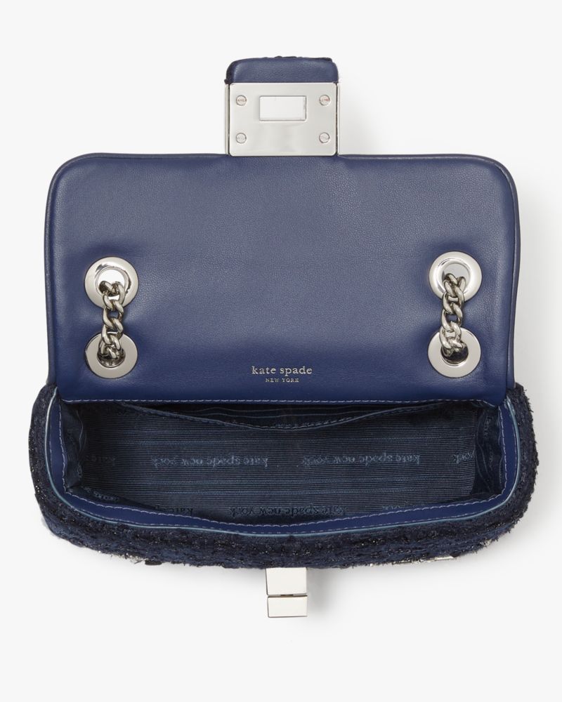 Kate Spade,Evelyn Embellished Tweed Small Shoulder Crossbody,Tweed,Leather,Crossbody,Metal,Rhinestones,Logo,Glitter,Embell...,Navy