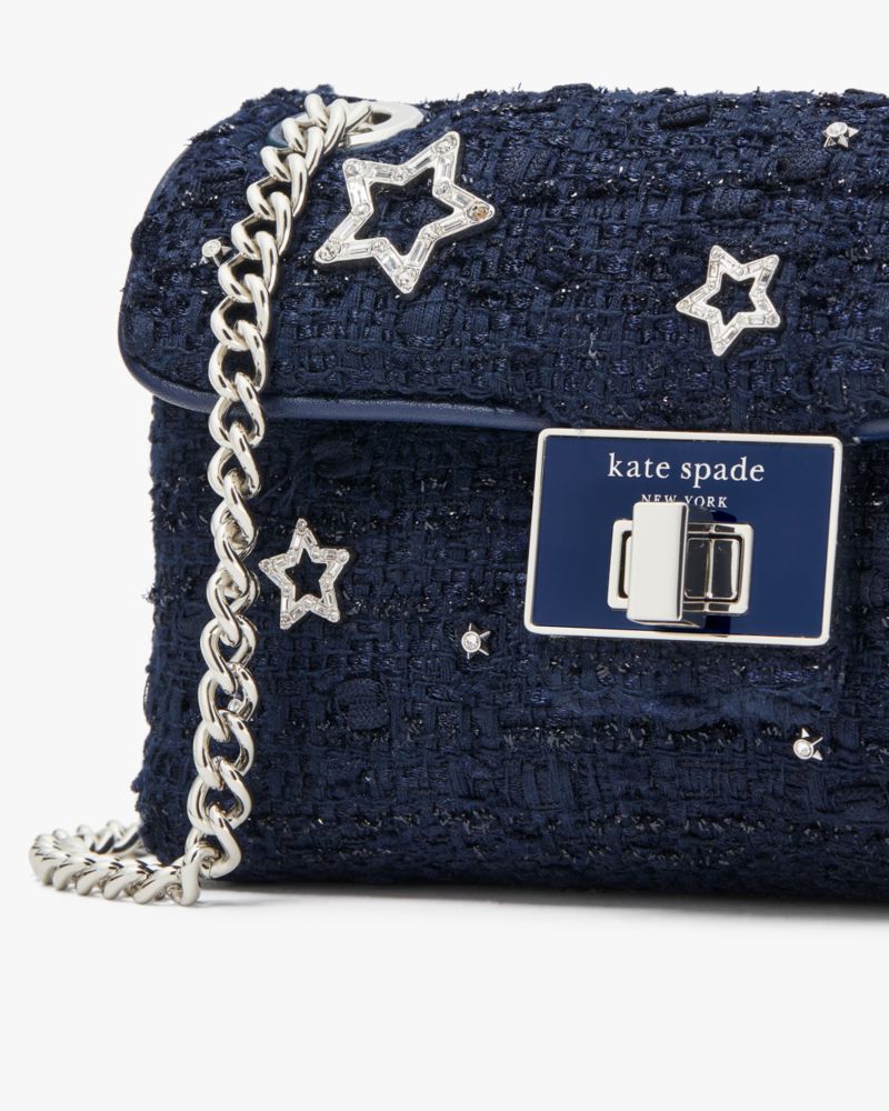 Kate Spade,Evelyn Embellished Tweed Small Shoulder Crossbody,Tweed,Leather,Crossbody,Metal,Rhinestones,Logo,Glitter,Embell...,Navy