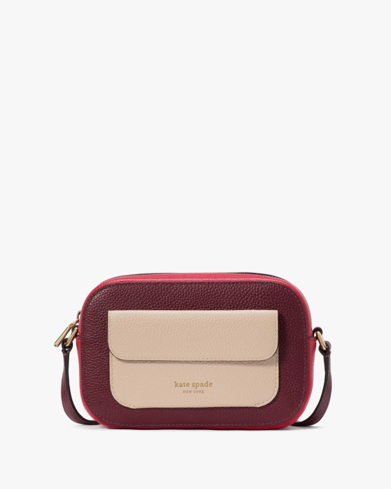 Kate Spade,Ava Colorblocked Crossbody,Leather,Crossbody,Logo,Color Block,Word Embellishment,Casual,Maroon