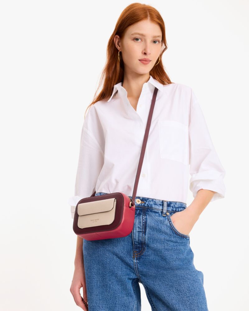 Kate Spade,Ava Colorblocked Crossbody,Leather,Crossbody,Logo,Color Block,Word Embellishment,Casual,Maroon