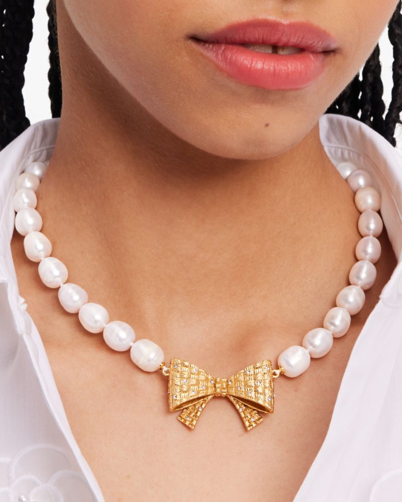 Kate Spade,Wrapped In A Bow Pearl Necklace,Cream Multi/Gold