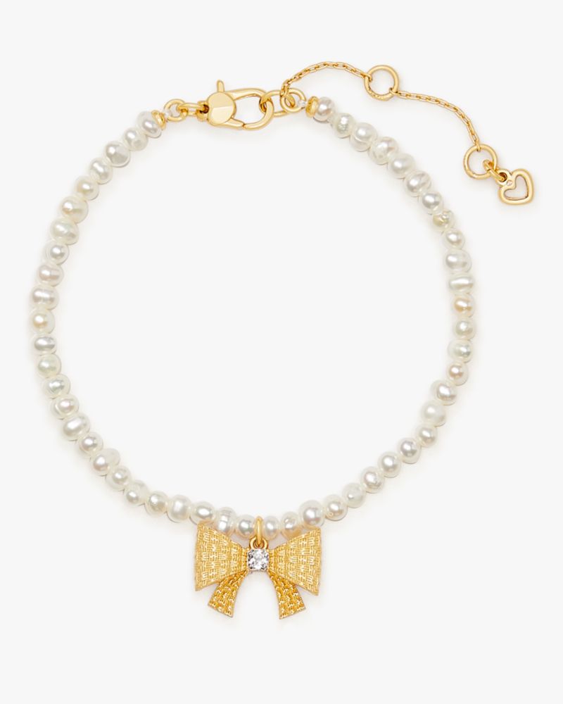 Kate Spade,Wrapped In A Bow Pearl Charm Bracelet,Clear/Gold