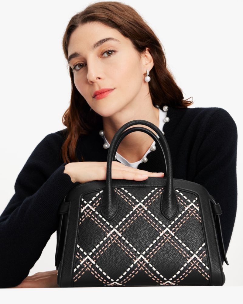 Kate Spade,Knott Plaid Stitched Medium Zip-top Satchel,Black Multi