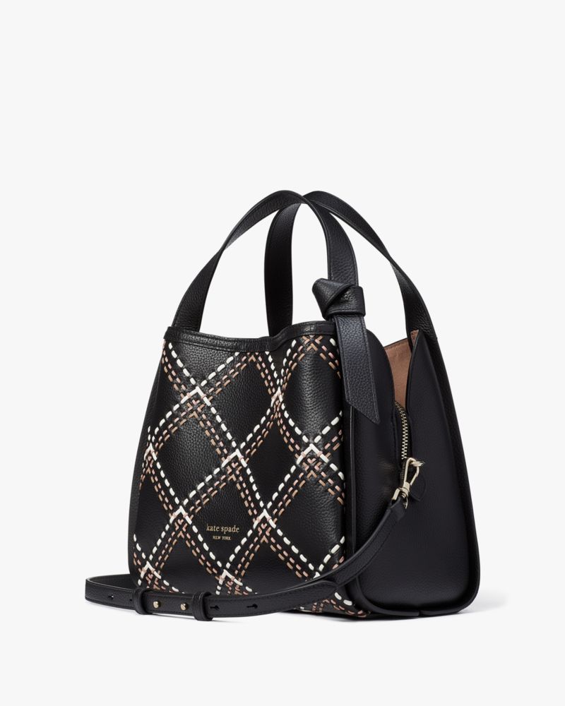 Kate Spade,Knott Plaid Stitched Medium Crossbody Tote,Black Multi