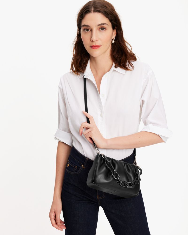 Kate Spade,Souffle Crossbody,Leather,Clutch,Resin,Ruched,Metal,Chain Detail,Logo,Day Party,Black