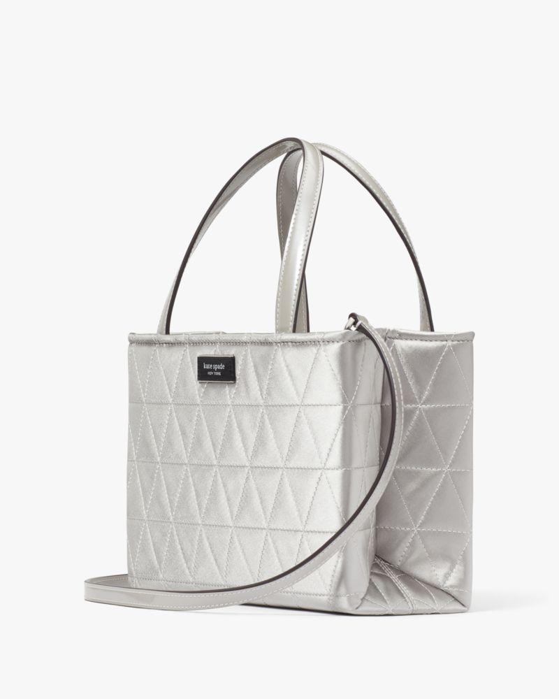 Kate Spade,Sam Icon Quilted Satin Small Tote,Silver