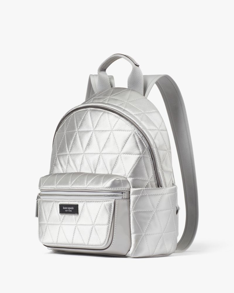 Kate Spade,Sam Icon Quilted Satin Small Backpack,Silver