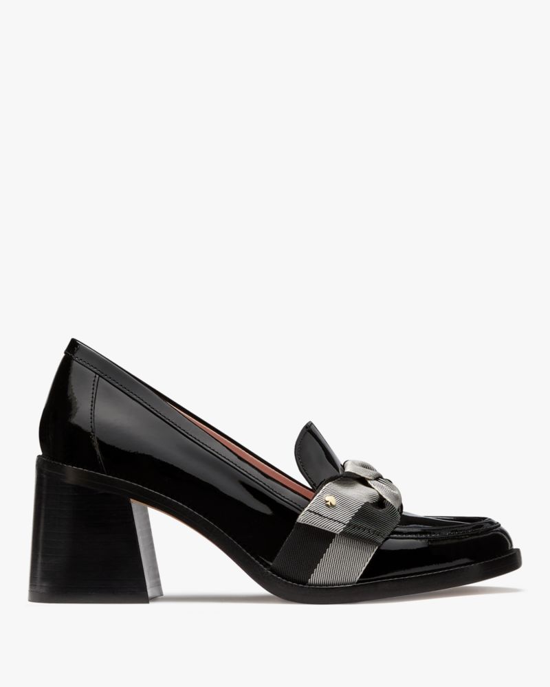 Kate Spade,Leandra Heeled Loafer,Lining Leather,Leather,Pumps,Loafer,Logo,Bow,Metal,Stripe,Gold Metal,Day Party,Black