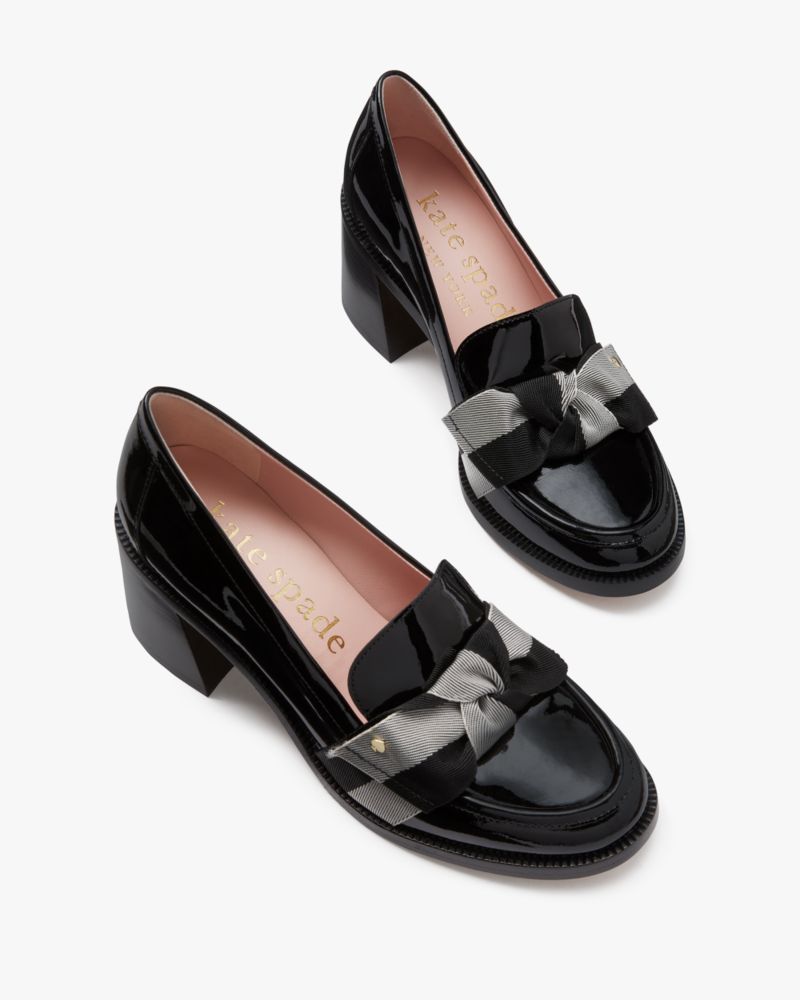 Kate Spade,Leandra Heeled Loafer,Lining Leather,Leather,Pumps,Loafer,Logo,Bow,Metal,Stripe,Gold Metal,Day Party,Black