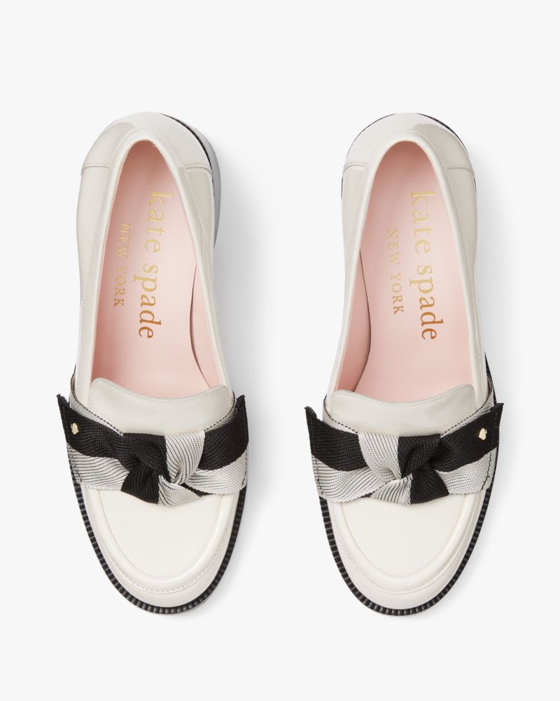 Kate Spade,Leandra Heeled Loafer,Lining Leather,Leather,Pumps,Loafer,Bow,Logo,Metal,Stripe,Gold Metal,Day Party,Cream