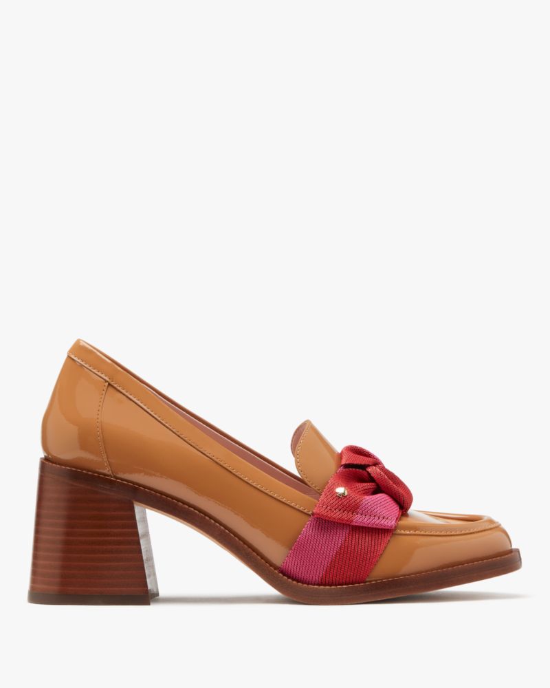 Kate Spade,Leandra Heeled Loafer,Lining Leather,Leather,Pumps,Loafer,Bow,Logo,Metal,Stripe,Gold Metal,Day Party,