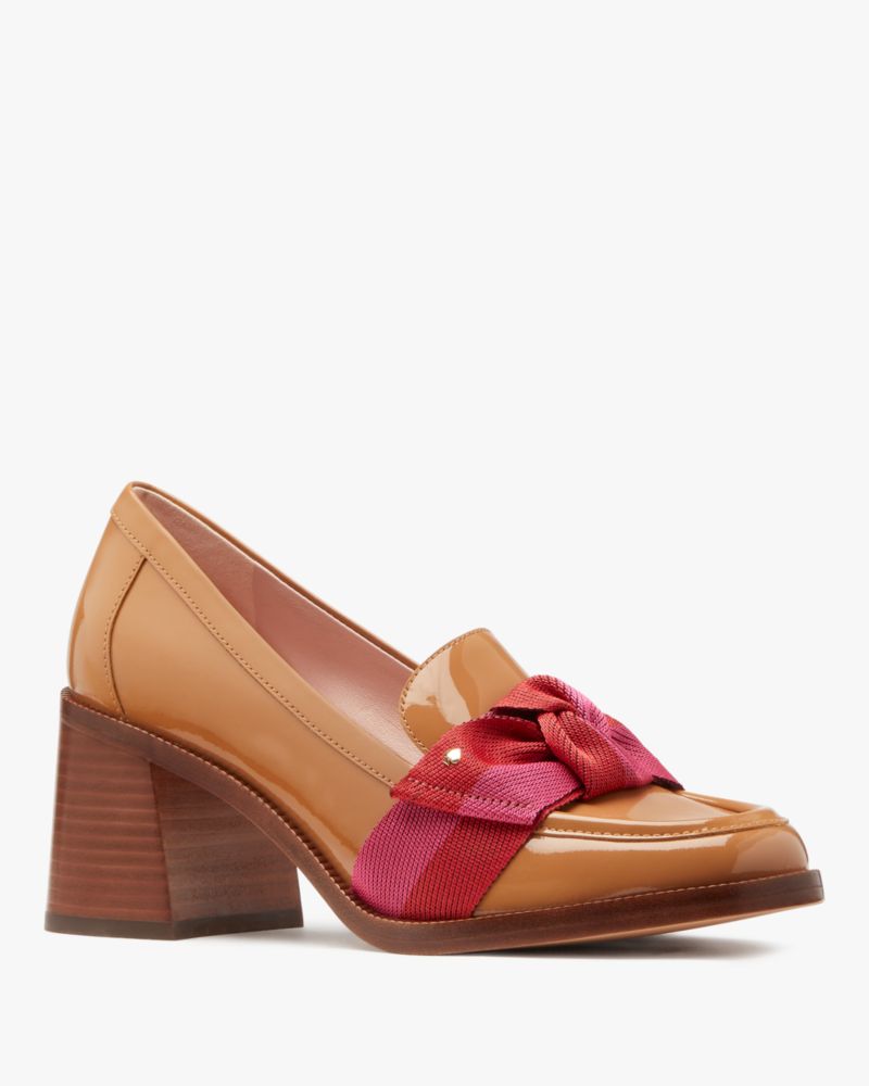 Kate Spade,Leandra Heeled Loafer,Lining Leather,Leather,Pumps,Loafer,Bow,Logo,Metal,Stripe,Gold Metal,Day Party,