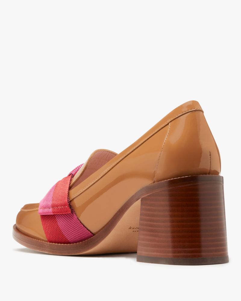 Kate Spade,Leandra Heeled Loafer,Lining Leather,Leather,Pumps,Loafer,Logo,Metal,Bow,Stripe,Gold Metal,Day Party,Brown
