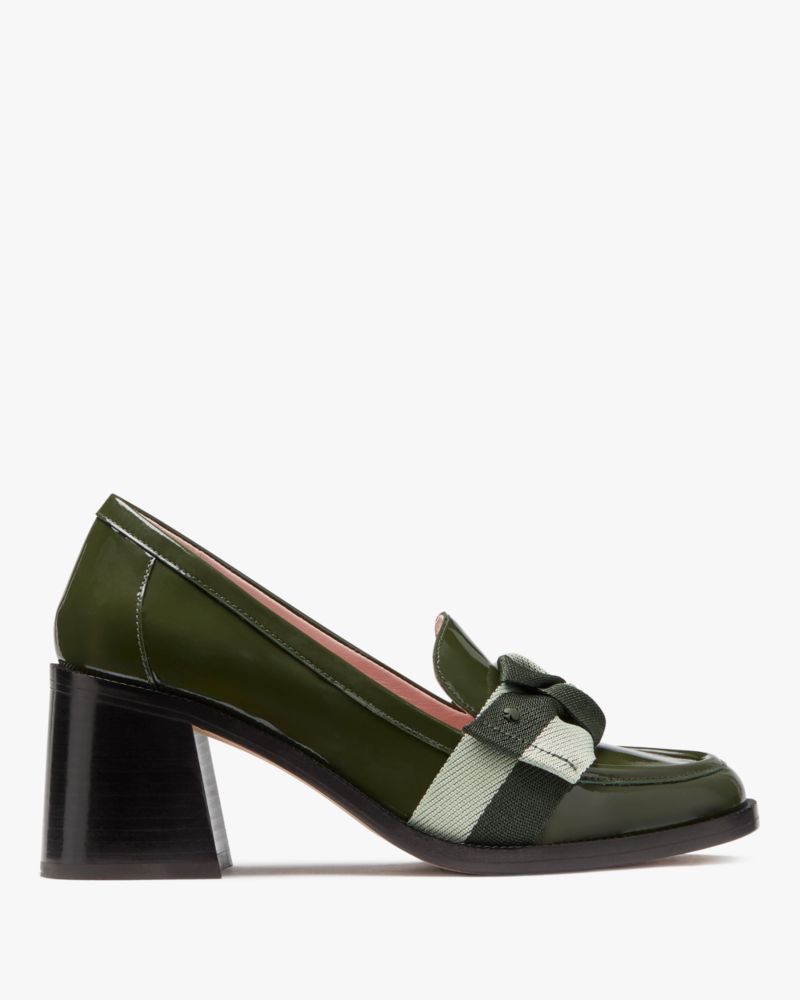 Kate Spade,Leandra Heeled Loafer,Lining Leather,Leather,Pumps,Loafer,Logo,Bow,Metal,Stripe,Gold Metal,Day Party,Olive