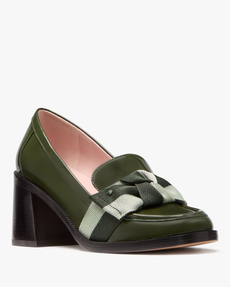 Kate Spade,Leandra Heeled Loafer,Lining Leather,Leather,Pumps,Loafer,Bow,Logo,Metal,Stripe,Gold Metal,Day Party,