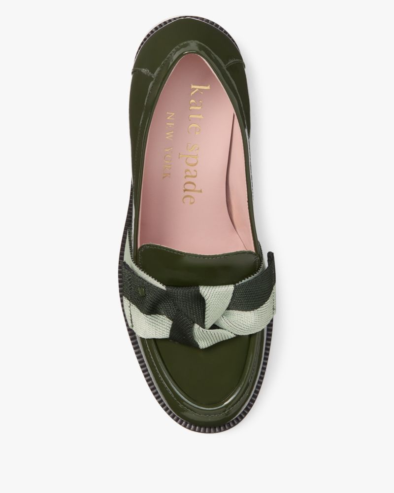 Kate Spade,Leandra Heeled Loafer,Lining Leather,Leather,Pumps,Loafer,Bow,Logo,Metal,Stripe,Gold Metal,Day Party,