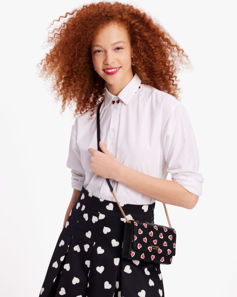 Kate Spade,Morgan Stencil Hearts Flap Chain Wallet,Leather,Crossbody,Logo,Metal,Chain Detail,Scratch Resistant,Day Party,Black
