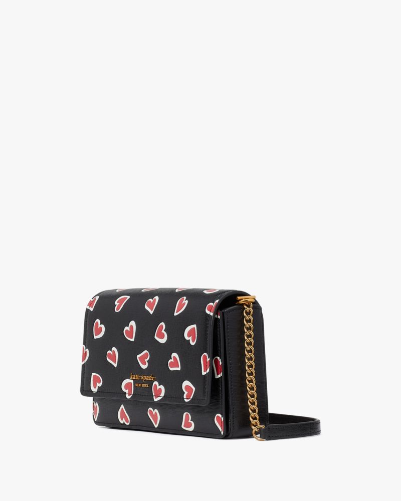 Kate Spade,Morgan Stencil Hearts Flap Chain Wallet,Leather,Crossbody,Logo,Metal,Chain Detail,Scratch Resistant,Day Party,Black