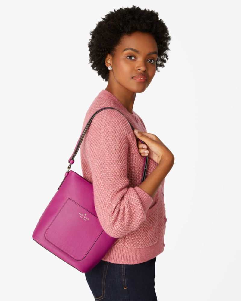 Kate Spade,Elsie Pebbled Leather Bucket Bag,Lining Leather,Shoulder Bag,Word Embellishment,Logo,Lined,Casual,