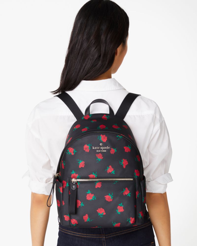 Kate Spade,Chelsea Rose Toss Printed Medium Backpack,Black Multi
