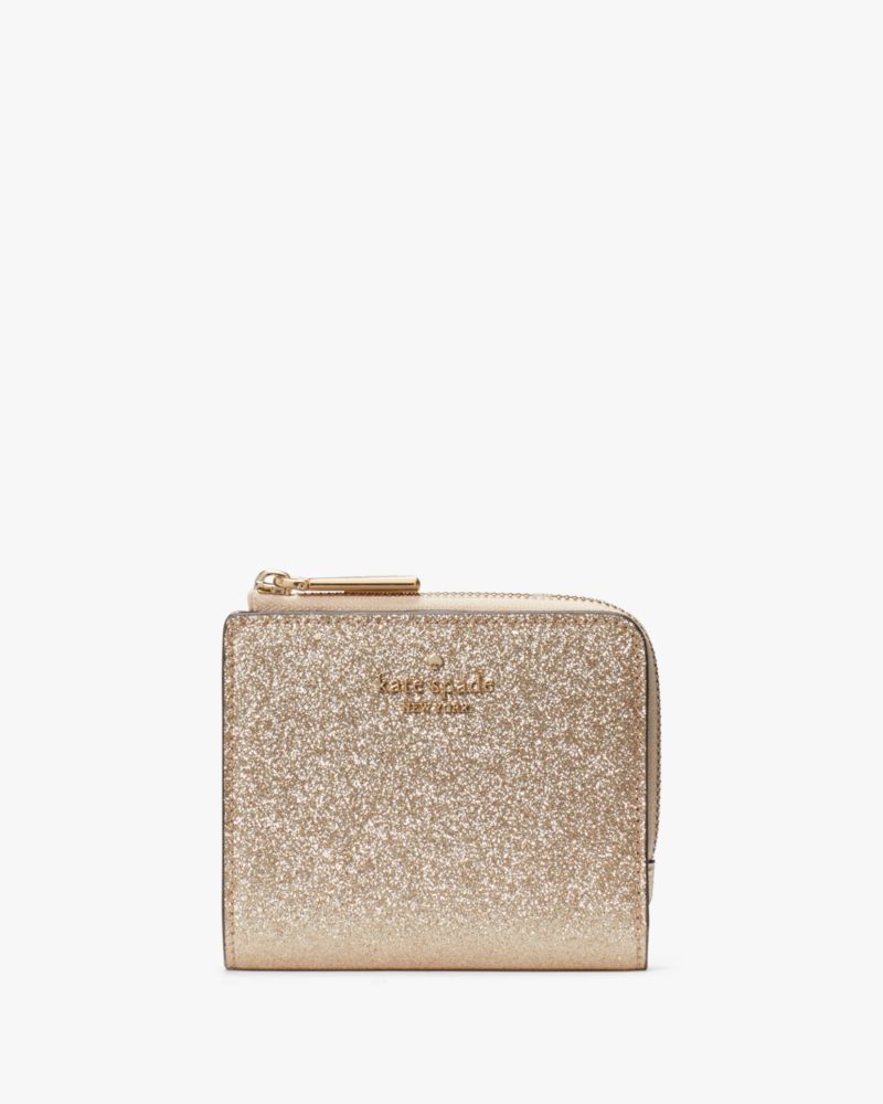 Kate Spade,グリマー グリッター ミックスド マテリアル ボックスド スモール L-ジップ バイフォールド ウォレット,財布小物,ゴールド