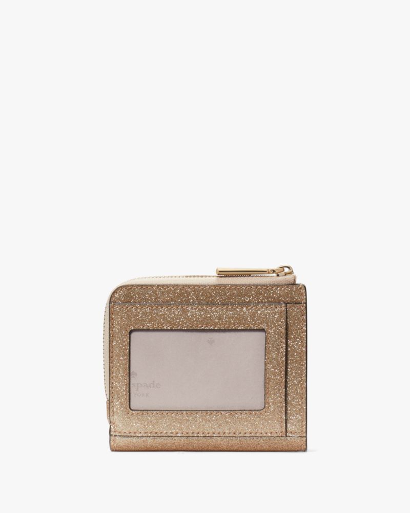 Kate Spade,グリマー グリッター ミックスド マテリアル ボックスド スモール L-ジップ バイフォールド ウォレット,財布小物,ゴールド