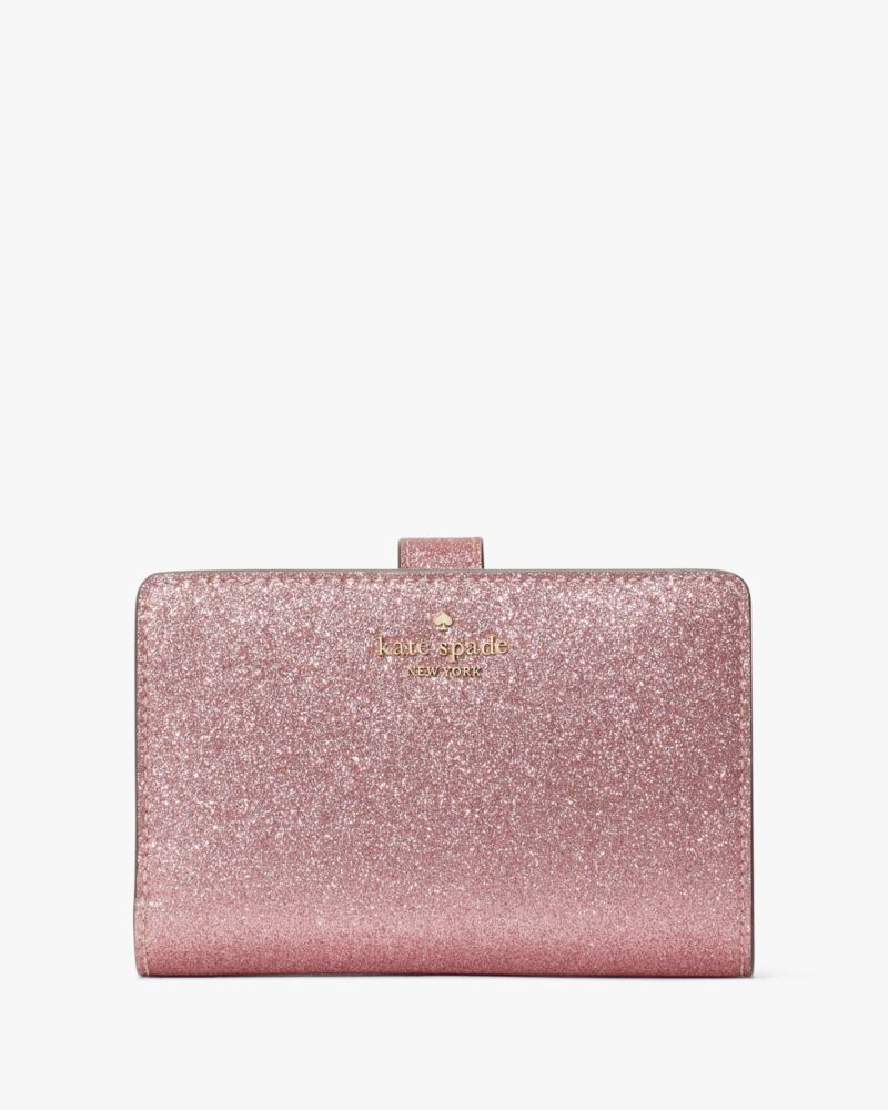 Kate Spade,グリマー グリッター ミックスド マテリアル ボックスド ミディアム コンパクト バイフォールド ウォレット,財布小物,ミトンピンク