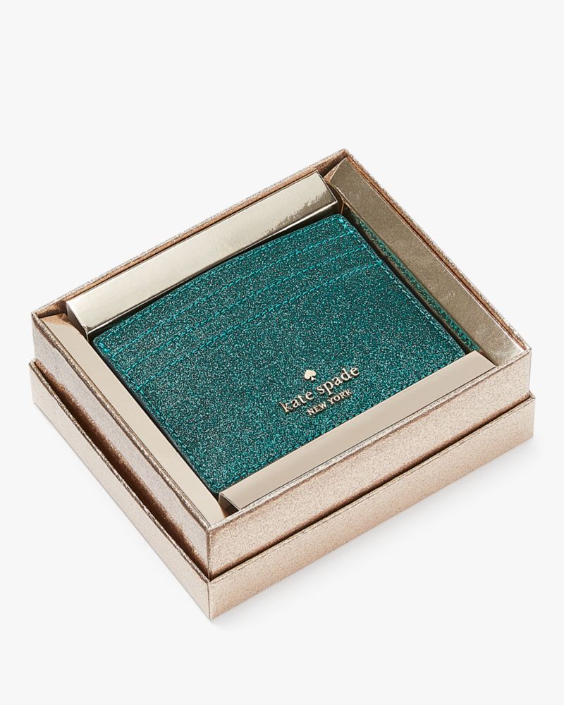 Kate Spade,Glimmer Small Slim Card Holder,Festive Teal