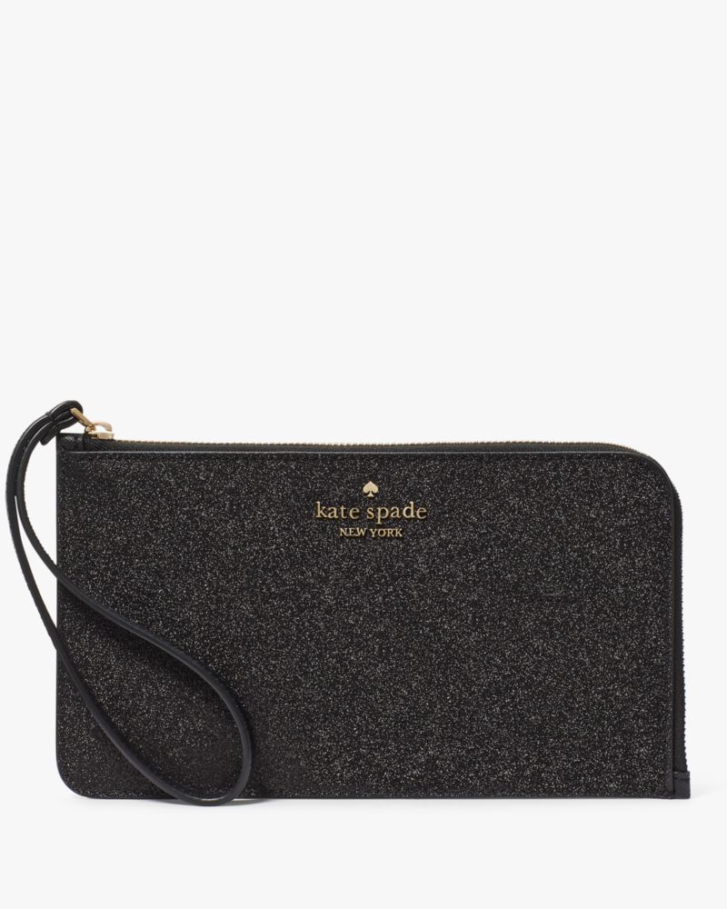 Kate Spade,Lucy Glitter Medium L-zip Wristlet,Pouch,Wristlet,Glitter,Metal,Logo,Cocktail,Metallic,Black