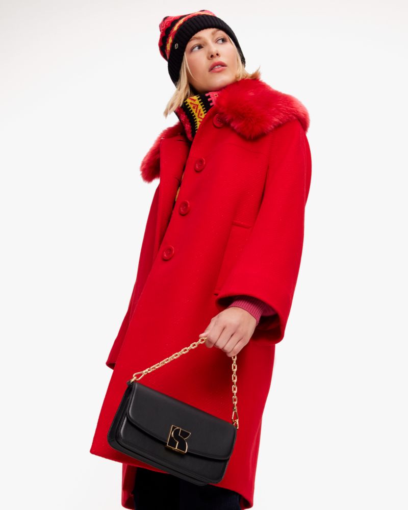 Kate Spade,Faux Fur Collar Wool Coat,Red