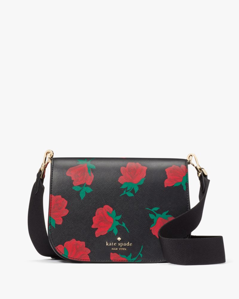 Kate Spade,Madison Rose Toss Printed Saddle Bag,Black Multi