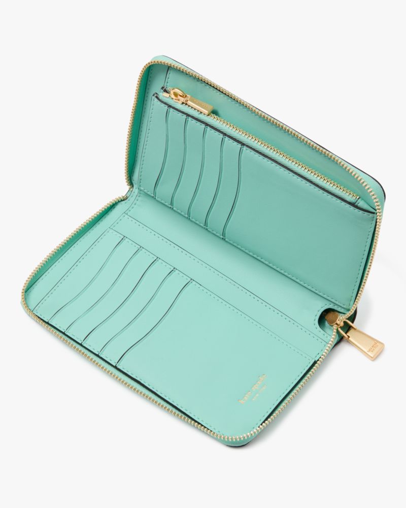 Kate Spade,Katy Medium Zip-around Wallet,Leather,Bi Fold,Logo,Metal,Casual,Turquoise