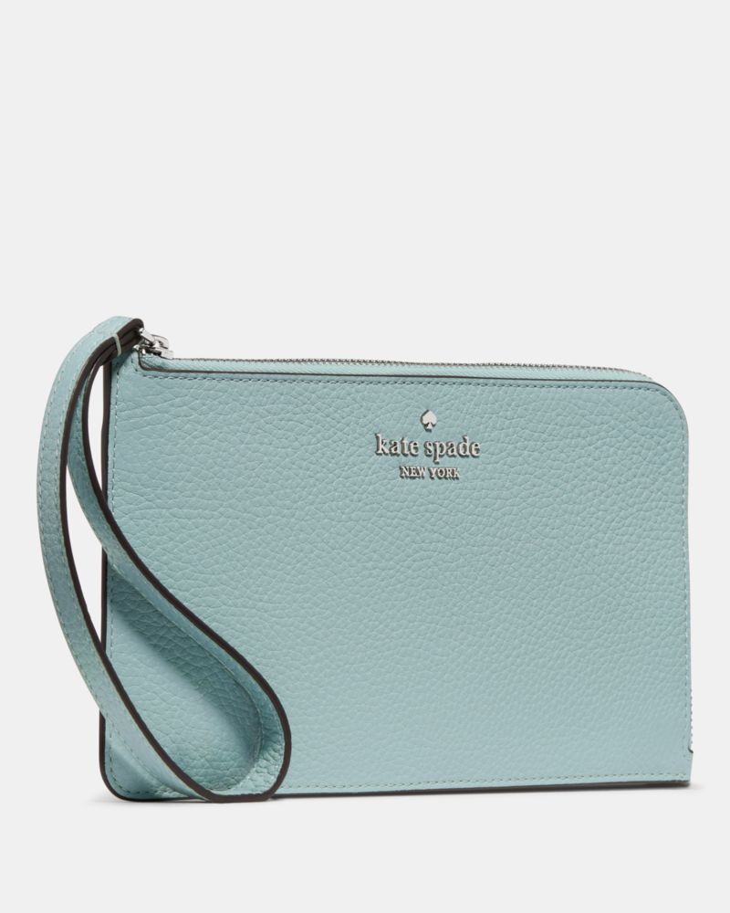 Kate Spade,Lucy Wristlet,Leather,Wristlet,Pouch,Logo,Metal,Silver Metal,Casual,Blue
