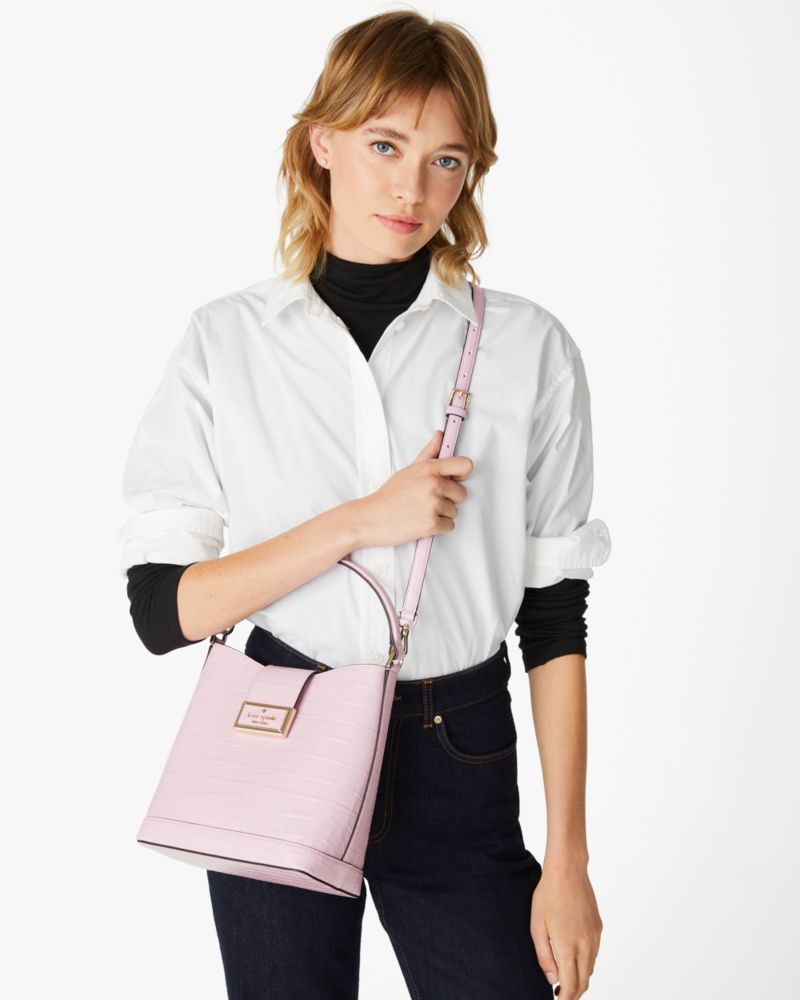 Kate Spade,Reegan Croc Embossed Bucket Bag,Quartz Pink