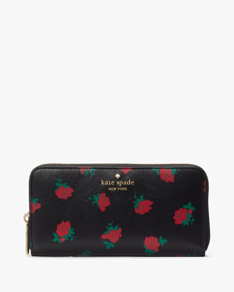 Kate Spade,Madison Rose Toss Printed Large Continental Wallet,Continental,Metal Material,Word Embellishment,Logo,Gusset,Ca...,Black