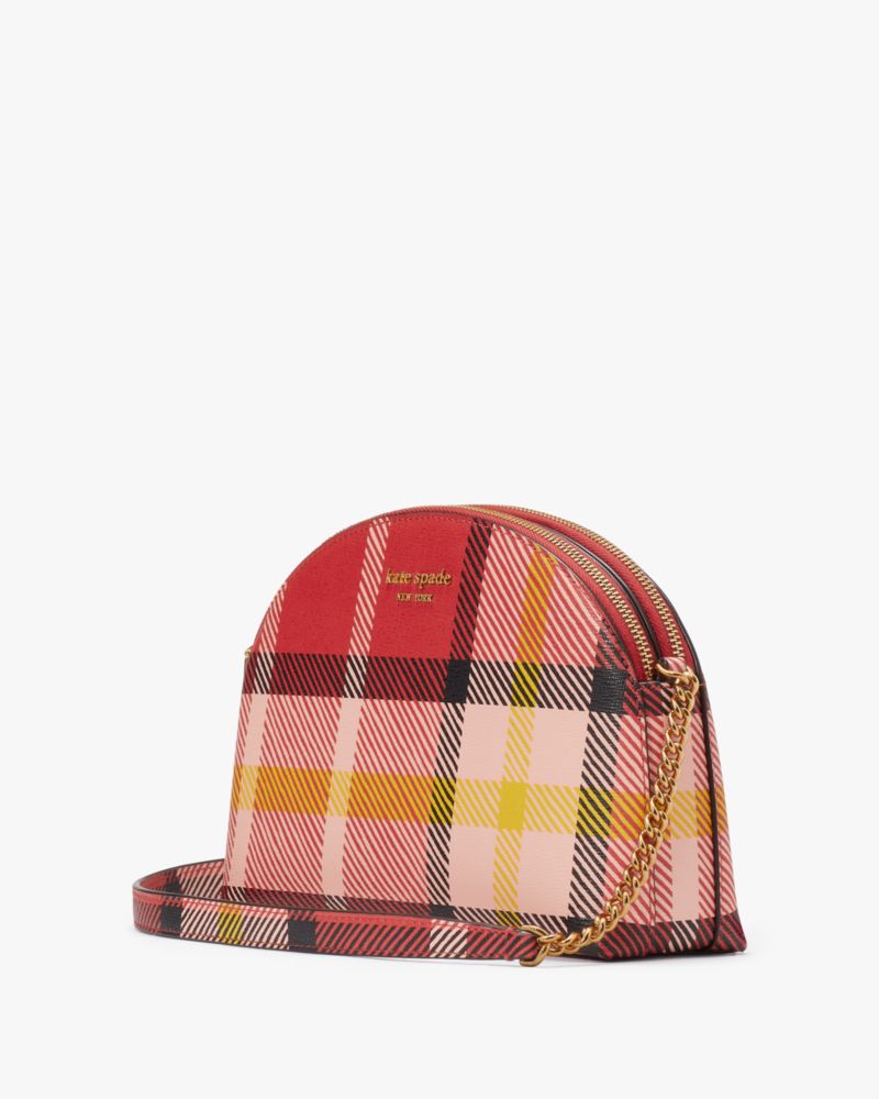 Kate Spade,Morgan Museum Plaid Double-zip Dome Crossbody,Faux Leather,Crossbody,PVC,Logo,Metal,Shoulder Guard,Casual,